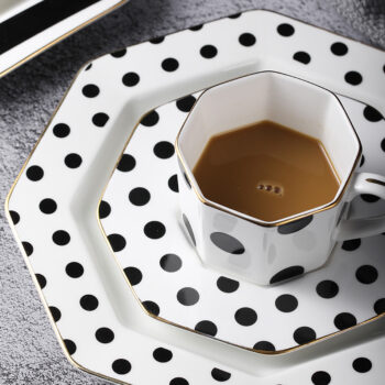 Octagonal Ceramic Plate Black White Dot Stripe Tableware