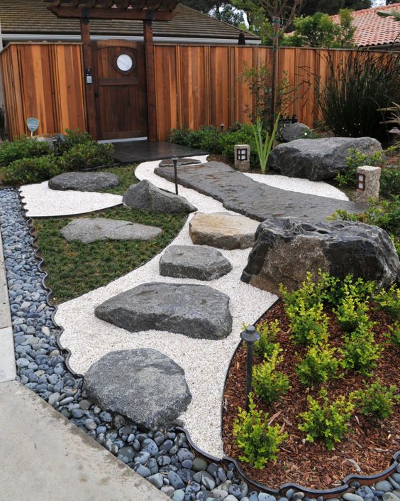 a stylish Japanese front yard with pebbles, rocks, greenery, a rock path and lanterns is a lovely modern decor idea